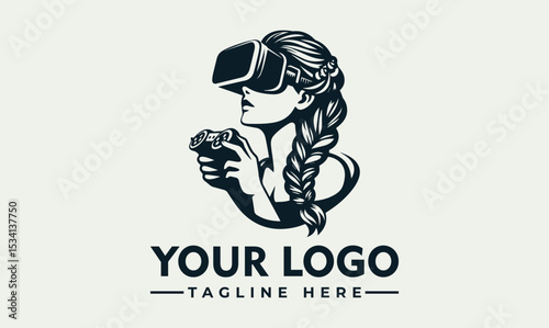Intrigued woman with long braids wearing a virtual reality headset and holding a game controller with attached microphones. Immersive gaming concept