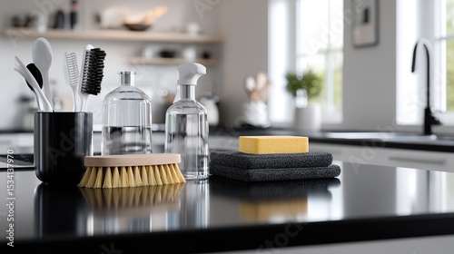 Neatly arranged cleaning supplies on a sleek black countertop, embodying minimalist home care elegance.
