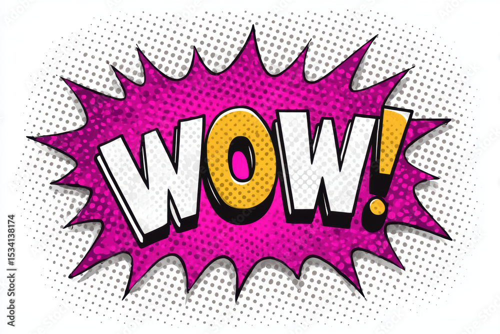 Obraz premium Comic book style explosion with wow text in bright purple and yellow colors