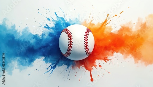Fototapeta Naklejka Na Ścianę i Meble -  Baseball illustration with dynamic splash effect in blue, orange colors. Baseball ball main object. Perfect image for baseball competition sport events promotion, design, games, league, team,