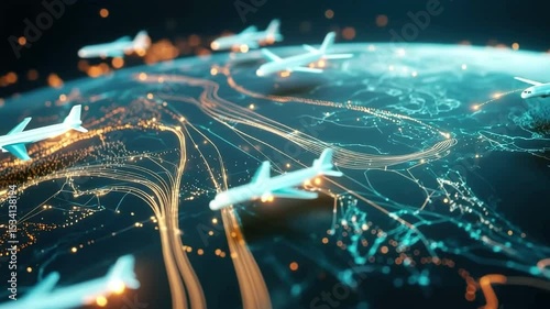 Aerial view of a digital globe with illuminated flight paths and airplanes in motion. The scene represents global travel and connectivity.