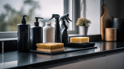 Neatly arranged cleaning supplies on a sleek black countertop, embodying minimalist home care elegance.
