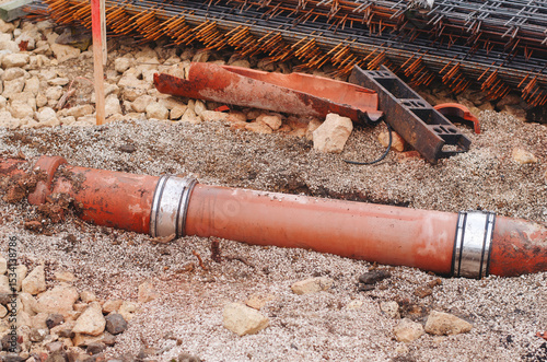 Fast response repair team builders replacing damaged foul sewer drainage pipe