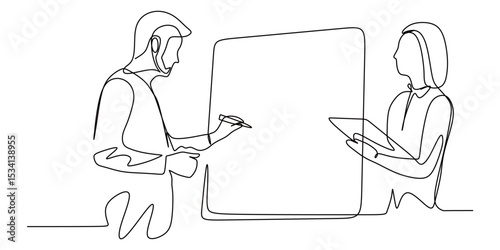 an artwork of a continuous line of a business owner who is discussing with his partner and writing on a whiteboard.