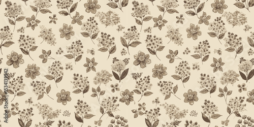 Vintage floral pattern with intricate botanical details in earthy tones.