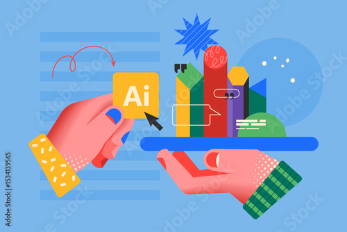 Modern creative concept for using Artificial Intelligence chatbot and AI assistant with hand design. Business vector illustration for social media, banner or presentation template
