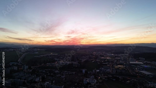 Sunset Aerial View of Fribourg Area with City Lights, Switzerland
