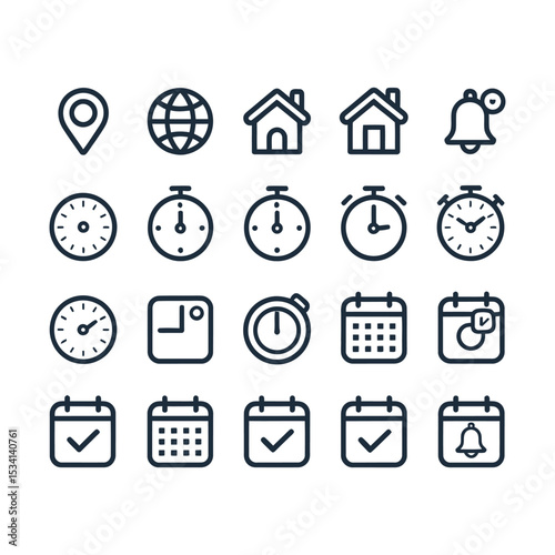 A collection of vector icons related to time, location, schedule, and reminders