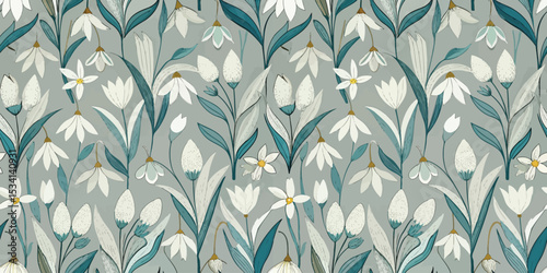 Elegant floral pattern featuring assorted blossoms on a soft blue background.