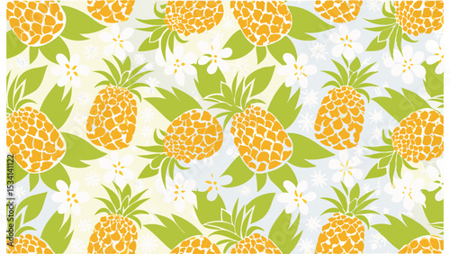 A lively pineapple and flower pattern evokes the warmth of summer days in a vibrant tropical digital