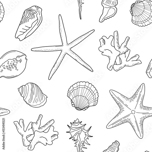 Line drawing of seashells and starfish on white background. Seamless vector pattern.