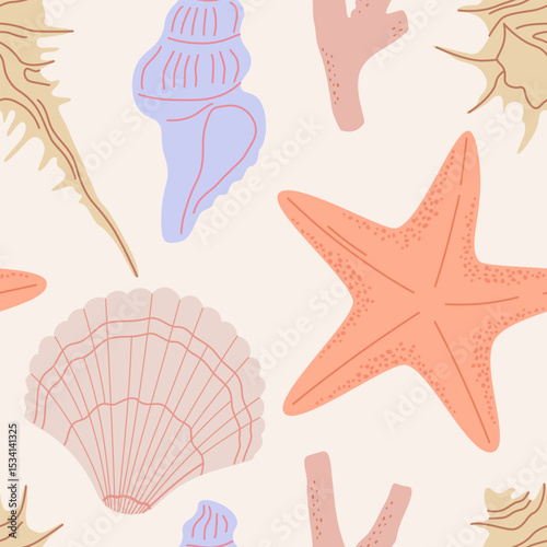 Bright seashells and starfish on a beige background. Vector seamless pattern.