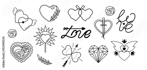 Line drawing of hearts and love symbol on white background. Set of vector black icons for tattoo.