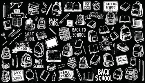 Hand-drawn doodle pack of Back to school banner with books, pencils, ruler and backpack items in outline vector style
