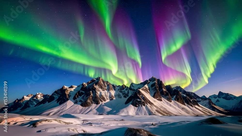 Wallpaper Mural Spectacular aurora borealis display over snow-covered mountain range at twilight. Sky filled with green and purple northern lights. Torontodigital.ca