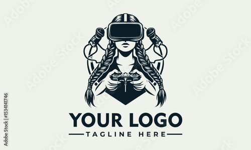 Intrigued woman with long braids wearing a virtual reality headset and holding a game controller with attached microphones. Immersive gaming concept
