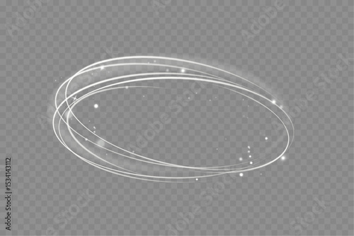 Motion circle light wave. Glowing round swirl lines with glitter particles. Glitter sparkle swirl trail effect. Sparkling magic white fire circle ring footprint. Bokeh effect. Smoke flow. Vector.