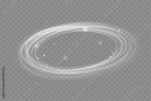 Motion circle light wave. Glowing round swirl lines with glitter particles. Glitter sparkle swirl trail effect. Sparkling magic white fire circle ring footprint. Bokeh effect. Smoke flow. Vector.