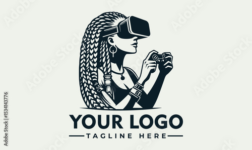 Intrigued woman with long braids wearing a virtual reality headset and holding a game controller with attached microphones. Immersive gaming concept