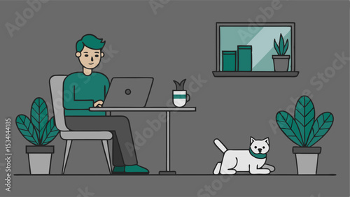 Flat Vector Illustration of Man Working on Laptop Outdoors at Home with Cat – Remote Work Lifestyle Concept