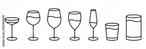 Water glass cup line icon. Glassware and Drinkware icons of beer, wine, alcohol, brandy, martini, champagne, milk, Cocktail, glasses royalty, Vector illustration isolated on transparent background.