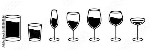 Water glass cup line icon. Glassware and Drinkware icons of beer, wine, alcohol, brandy, martini, champagne, milk, Cocktail, glasses royalty, Vector illustration isolated on transparent background.