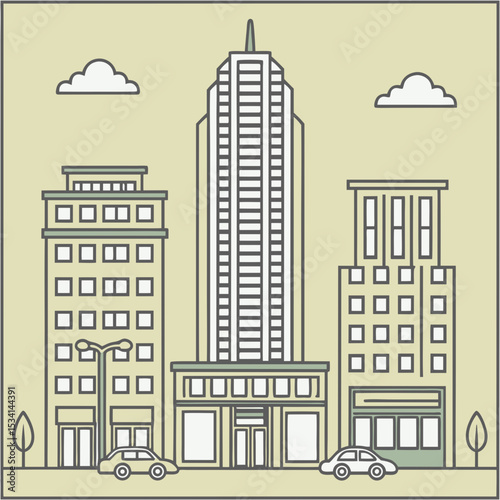 Business district icon with skyscrapers and cars in neutral tones