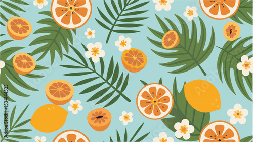 A vibrant citrus garden with blooming flowers promising a fresh summer feeling in flat vector