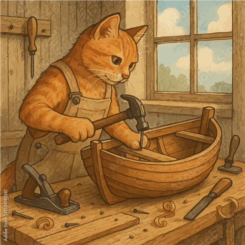 Cat Carpenter Building Wooden Boat – Whimsical Illustration