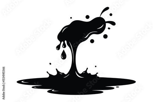 Isolated Ink Spill Illustration Abstract Black Liquid Drop with Splatter and Pool