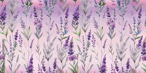 Delicate floral pattern featuring purple flowers and greenery on a soft pink background.