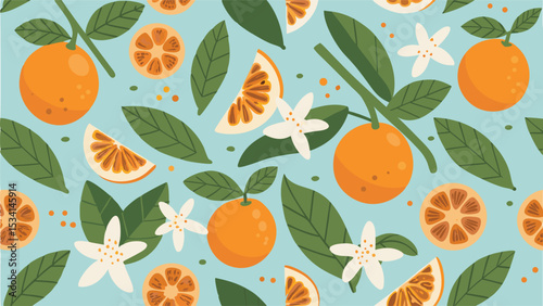 A vibrant orange grove dance with blooming white flowers against a light cyan backdrop flat vector