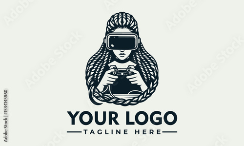 Intrigued woman with long braids wearing a virtual reality headset and holding a game controller with attached microphones. Immersive gaming concept