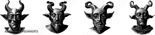 Portrait of a horned demon with hollow eyes and a solemn expression, minimalist vector design, woodcut-inspired style