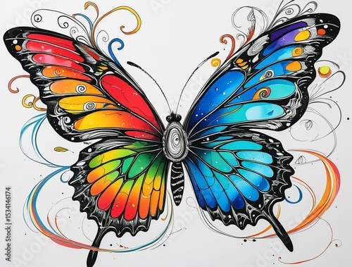 Colorful artistic butterfly illustration with vibrant rainbow wings, decorative swirling patterns, abstract nature art, fantasy insect, creative design