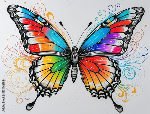 Colorful artistic butterfly illustration with vibrant rainbow wings, decorative swirling patterns, abstract nature art, fantasy insect, creative design