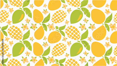 A vibrant celebration of tropical fruits mangoes and pineapples with flowers in a seamless pattern