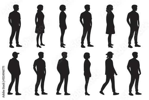 Silhouettes of people various poses depicting men and women in profile and frontal views