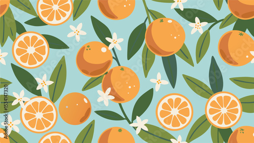 Captivating citrus grove of oranges and blossoms a vibrant design evoking summer freshness pastel