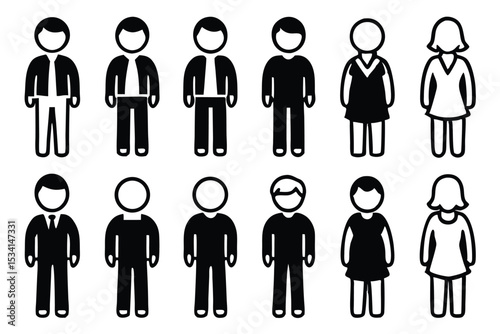 Stylized black and white iconographic illustrations depicting diverse people and professions