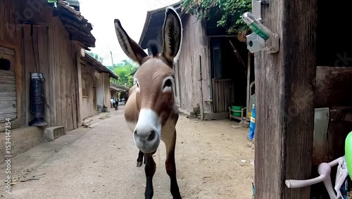 Curious donkey staring intensely, headshot, on the street