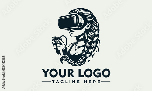 Intrigued woman with long braids wearing a virtual reality headset and holding a game controller with attached microphones. Immersive gaming concept