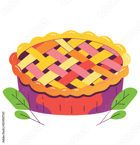 America's most popular apple pie.  Whole homemade fruit pie. Vector color realistic illustration. Pie Icon on Transparent Background.