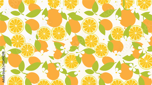 Citrus grove of oranges lemon slices and blossoms pattern evoking a fresh summery vibe with flat