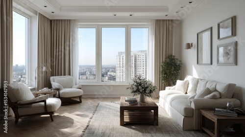 
Sillones blancos y sofá de tela frente a una ventana con cortinas beige. Diseño de interiores de una sala de estar moderna.