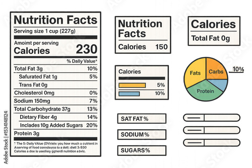 Nutrition label template featuring bold text for easy readability and key nutrient breakdown, including calories and serving sizes, isolated on transparent background.