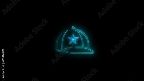 Glowing cyan color neon cap with star icon and graphic video motion. Fashion accessory concept glow on black background.