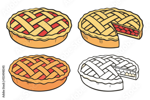 America's most popular apple pie.  Whole homemade fruit pie. Vector color realistic illustration. Pie Icon on Transparent Background.