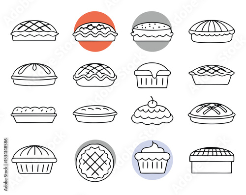 Apple pie icons set vector, Food dessert, American apple. Bakery Line Icons Set, Editable Stroke. Pixel Perfect. For Mobile and Web. Contains such icons as Bakery, Food, Restaurant, Pizza, Apple pie.