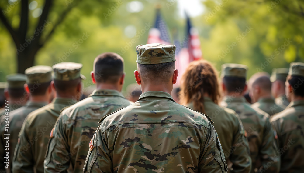 Fototapeta premium Group of soldiers in uniform on Memorial Day. People pay respects. American flags on background. Military personnel, civilians gather outdoors, honoring veterans heroes.